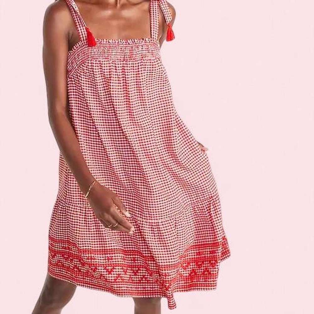 Old Navy Red Gingham Mini Dress with Embroidered Hem - Picture 2 of 8
